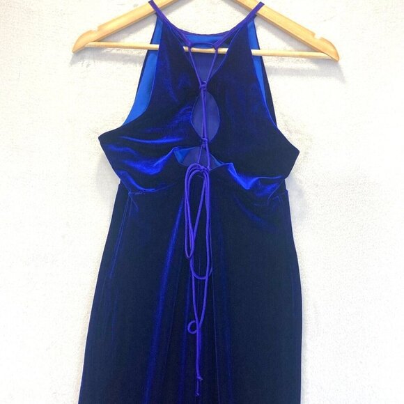 Vintage Niki Livas Blue Velvet Maxi Gown Dress Size 8 Lace Up Back Stretch Prom - Picture 3 of 16